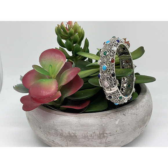 Sterling Silver Marcasite Bracelet Wide Colors Ornate Filigree